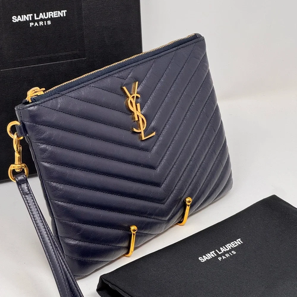 💯Authentic YSL Navy Blue Cassandra Chevron  Wristlet - Picture 5 of 12